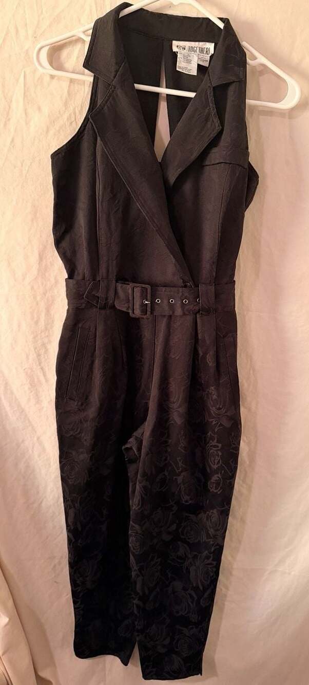 Vintage Together Black Floral Jacquard Halter Jumpsuit with Belt Size 4 Petite